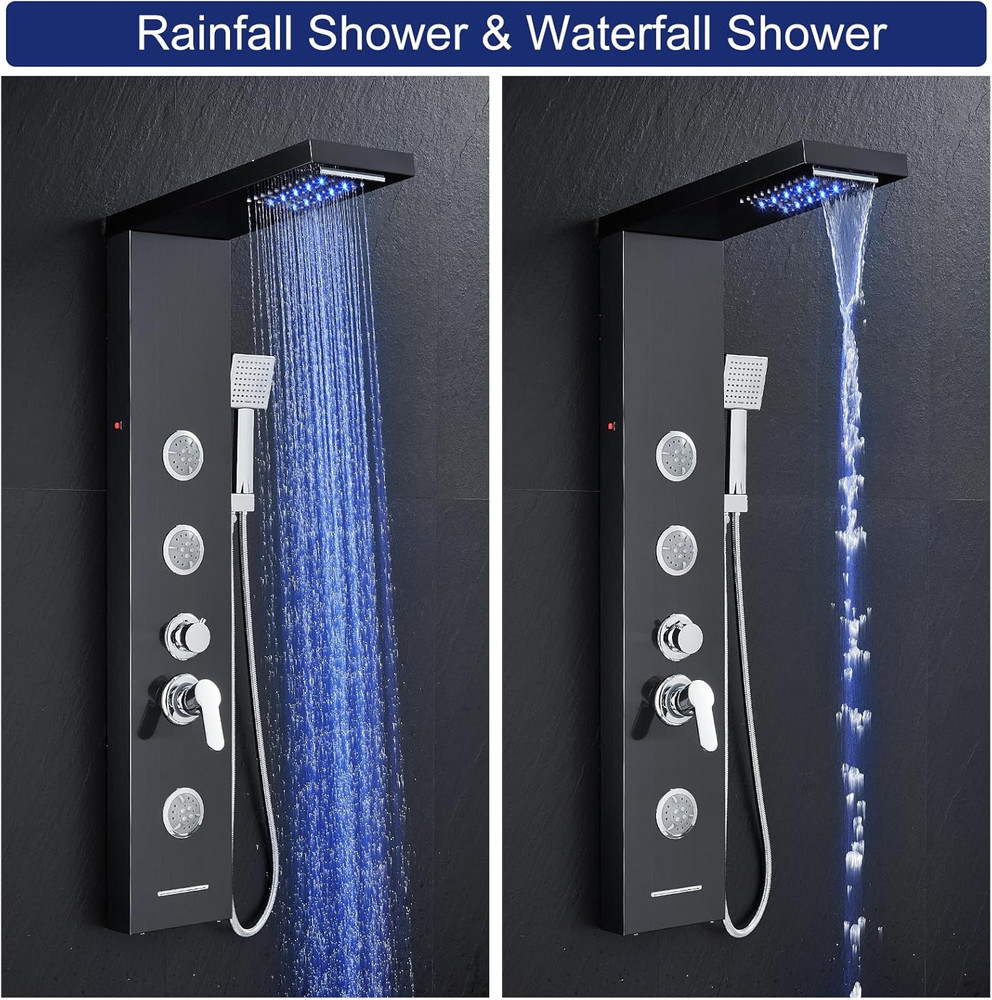 5-in-1 LED Shower Panel Tower System with Rainfall, Jets & Handheld Black Finish