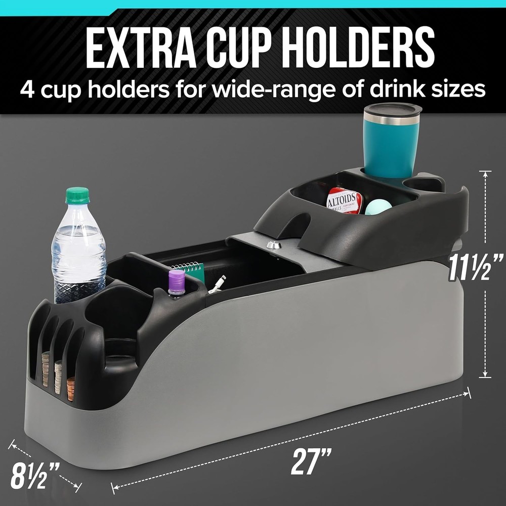 Universal SUV/Minivan Middle Console - Gray Storage Box with 4 Cup Holders