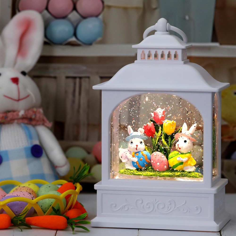 Easter Bunny Snow Globe, Easter Eggs Spring Snow Globe 6H Timer Glitter Lante...