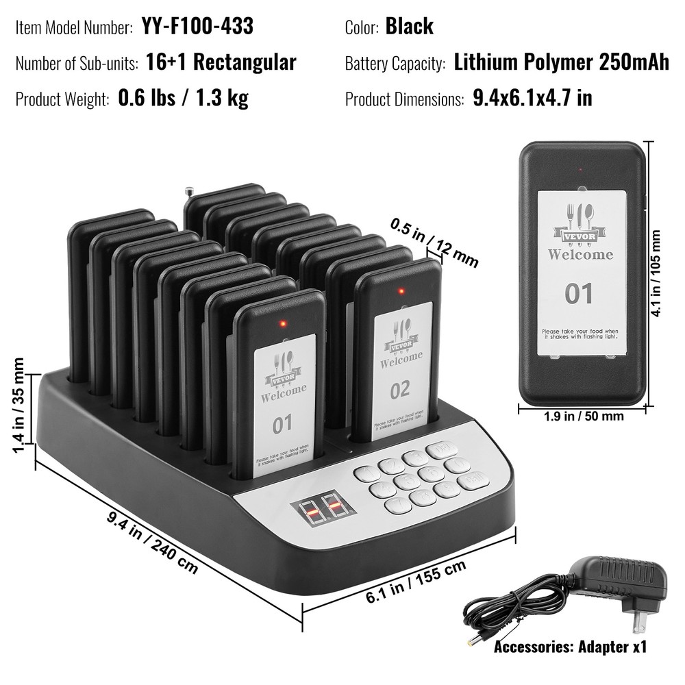 VEVOR Restaurant Wireless Pager System 16 Call Coasters Guest Queuing Calling