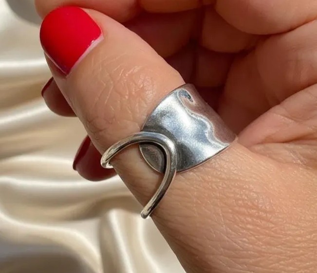 Solid 925 Sterling Silver Wide Hammered Abstract Open Loop Handmade Ring for Her