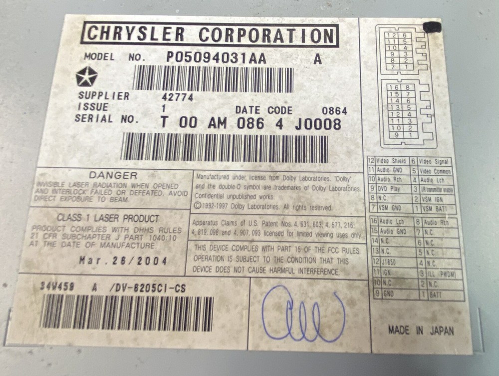 05 Chrysler Pacifica DVD Player Changer Assembly Unit