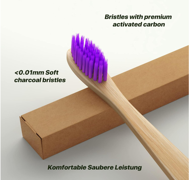 Bamboo Toothbrushes 10 Pack Biodegradable Soft Medium Charcoal Bristles