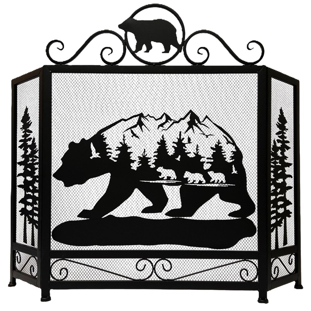 3-Panel Fireplace Screen with Bear and Mountain Scenery Design