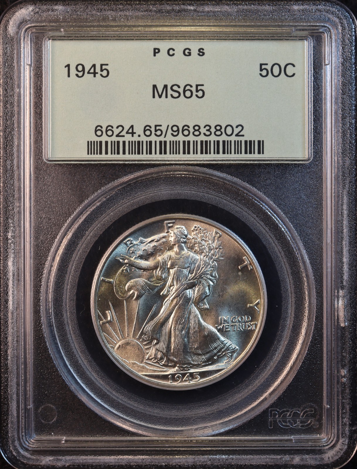 1945-P Walking Liberty Silver Half Dollar - PCGS MS65 OGH! Attractive GEM BU! PQ