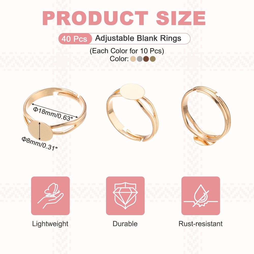 40 Pack 8mm Adjustable Blank Rings, White, Light Gold, Brown, Copper