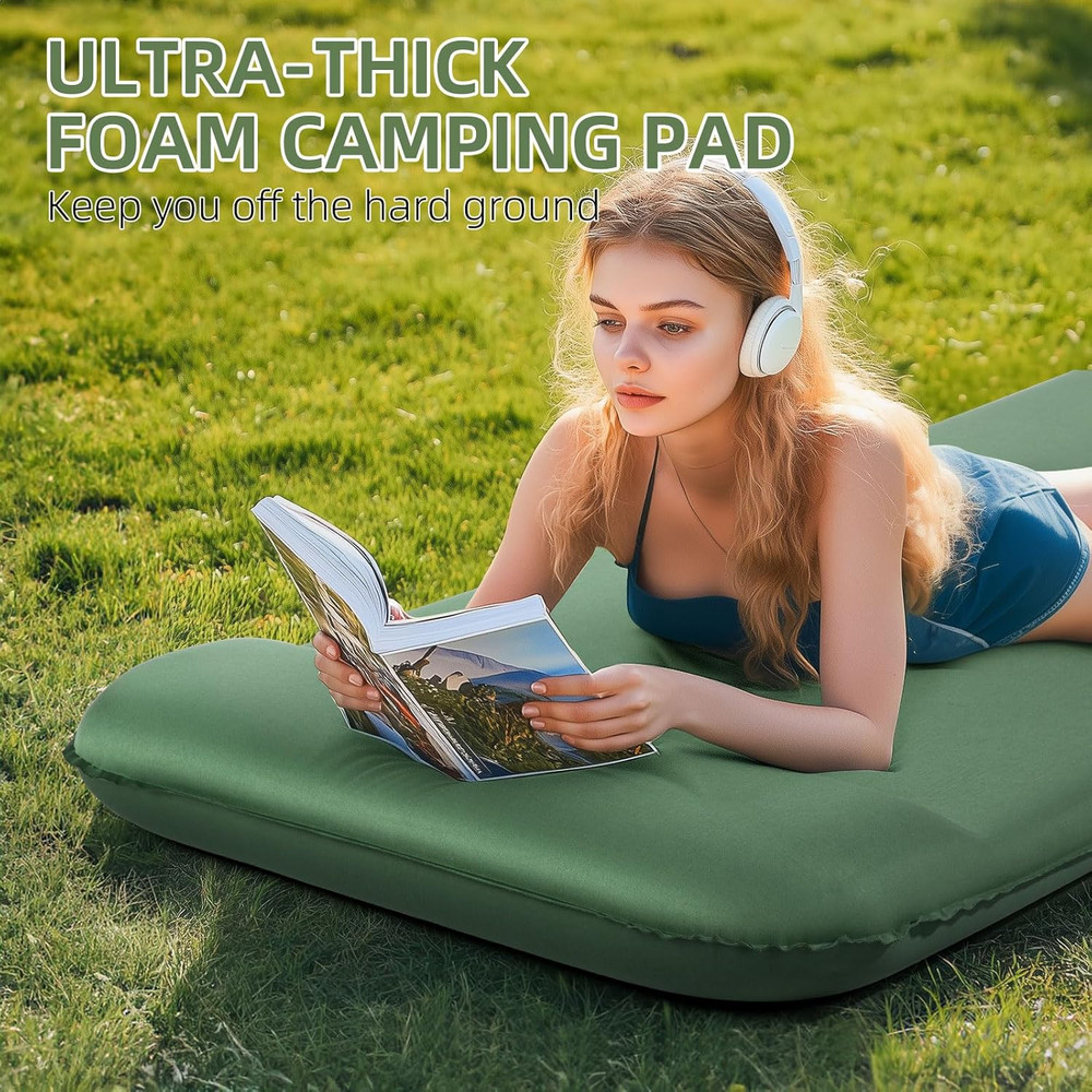 Memory Sleeping Pad, Ultra-Thick Foam Mat, Easy Storage, Fast Self-inflation