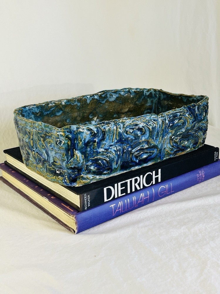 Vintage Ceramic Planter in Brutalist MCM Style Blue and Green Rectangular