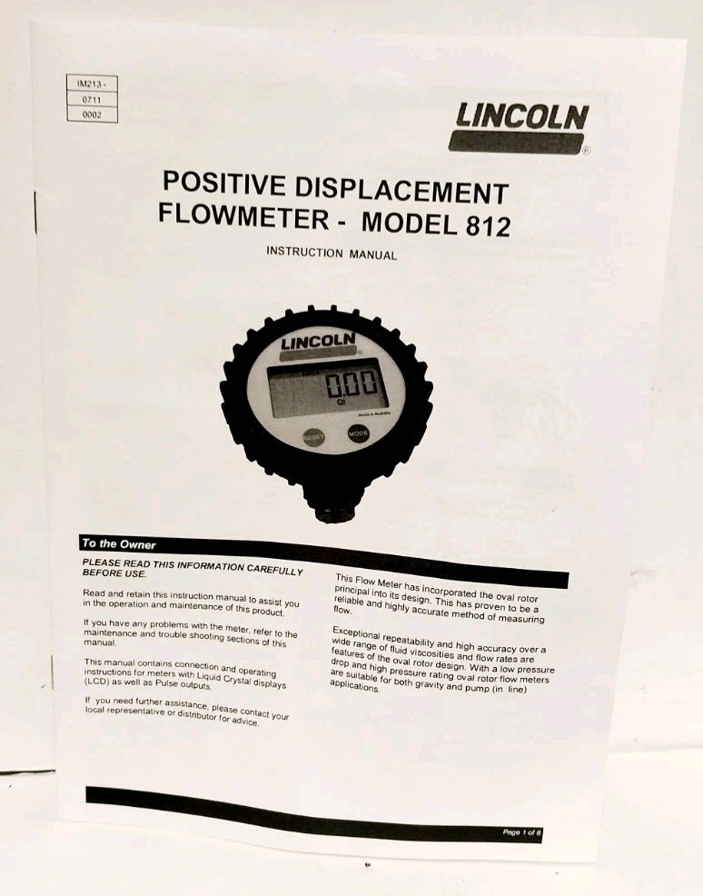 LINCOLN POSTIVE DISPLACEMENT FLOWMETER MODEL 812 ~UNIVERSAL INLINE DIGITAL METER