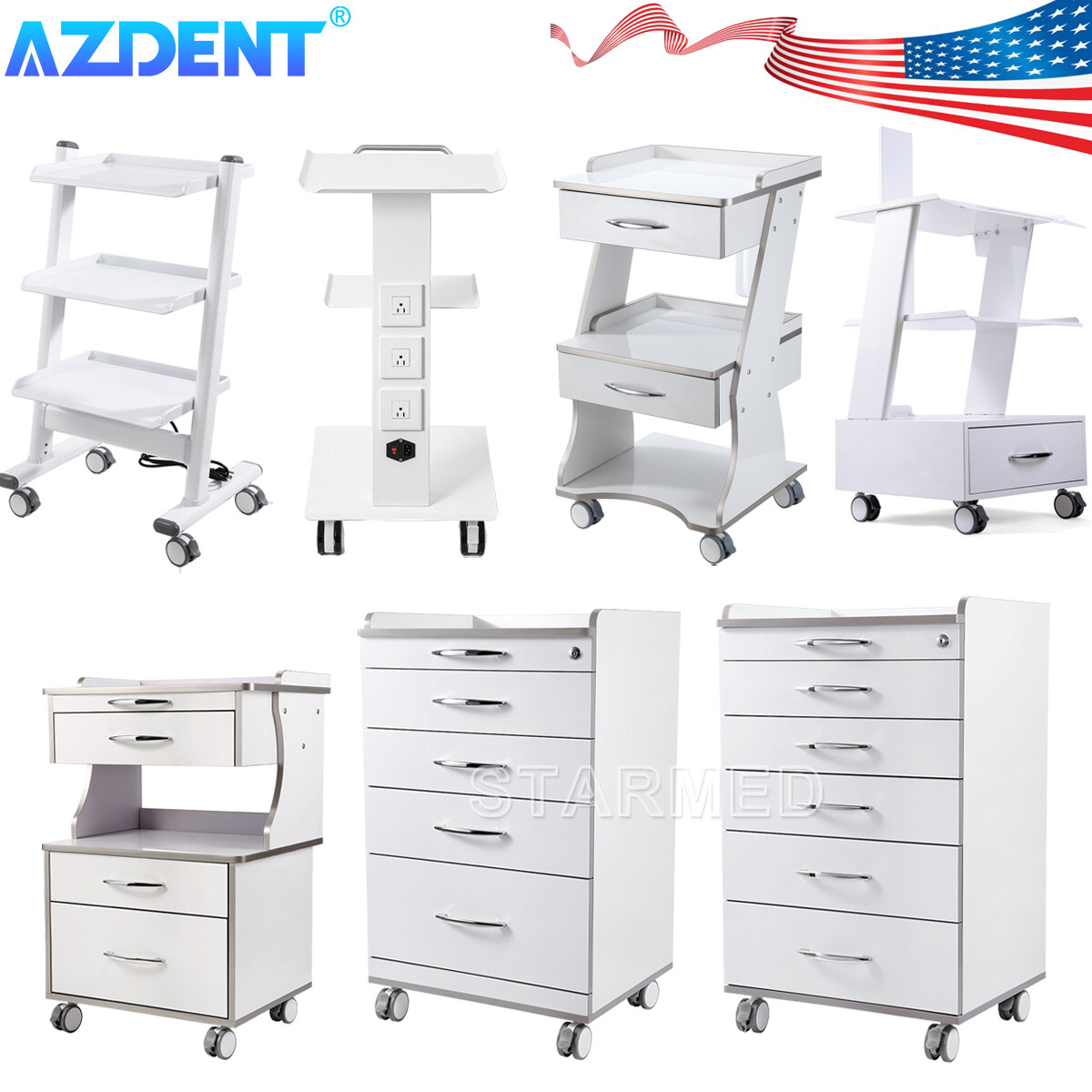 AZDENT Dental Mobile Cabinet Cart with Drawers /Tool Cart Trolley with Sockets