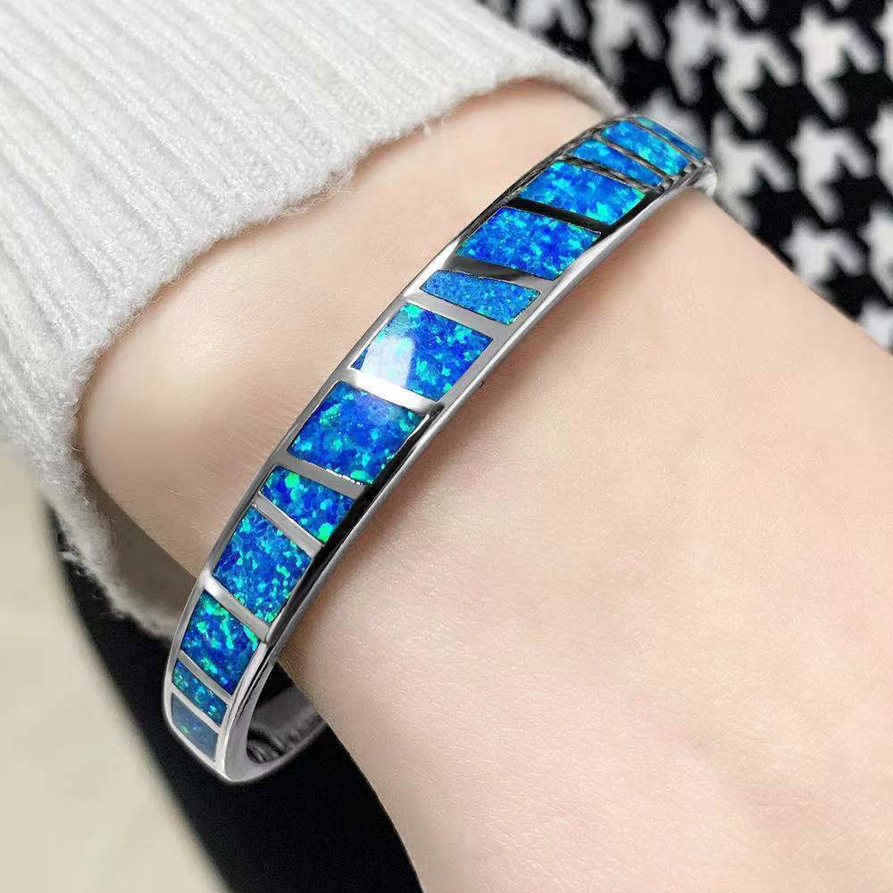 Adjustable Blue Fire Opal Bracelet Classic Sterling Silver Dipped Bangle
