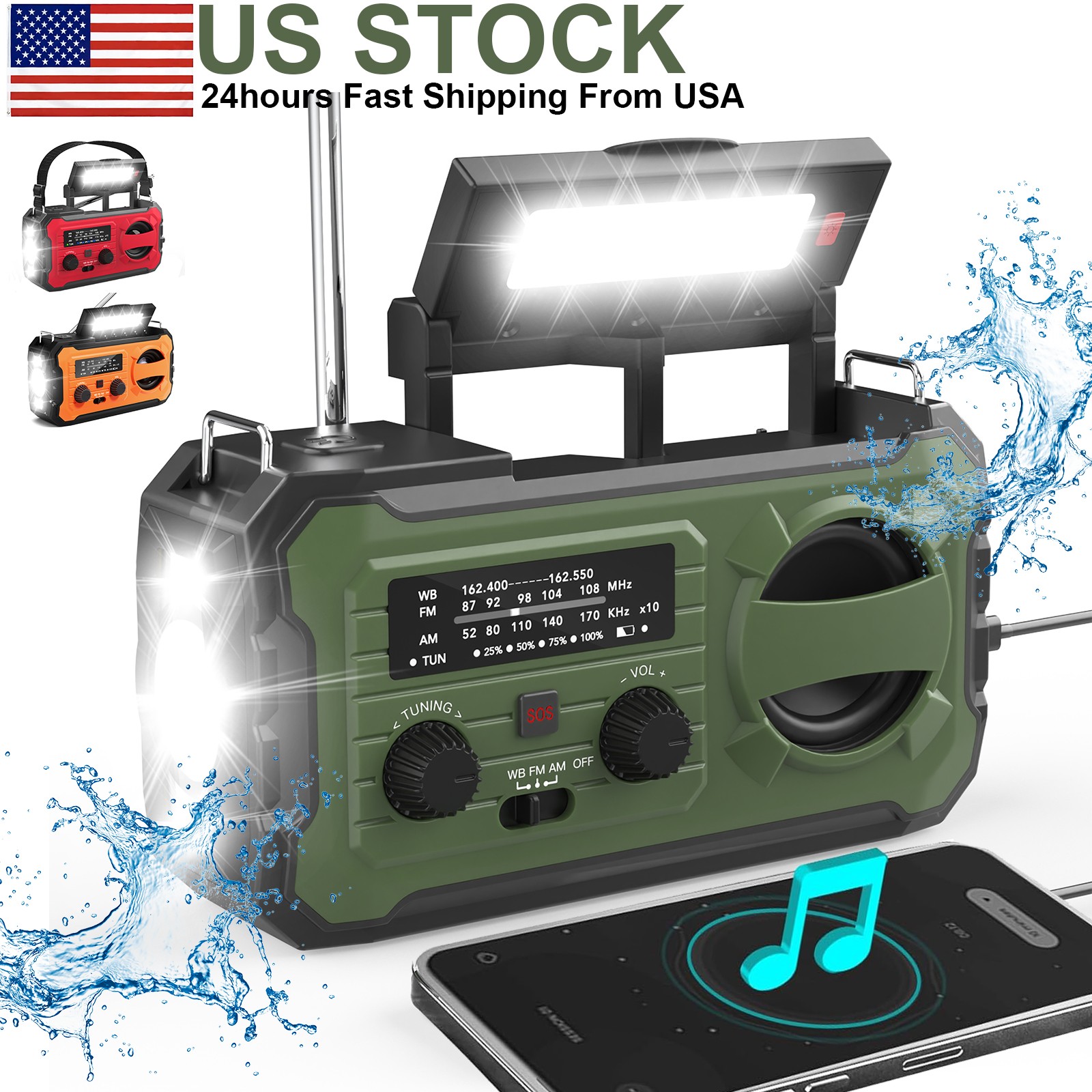 Emergency Solar Hand Crank Weather Radio 100000mAh Power Bank Charger FlashLight