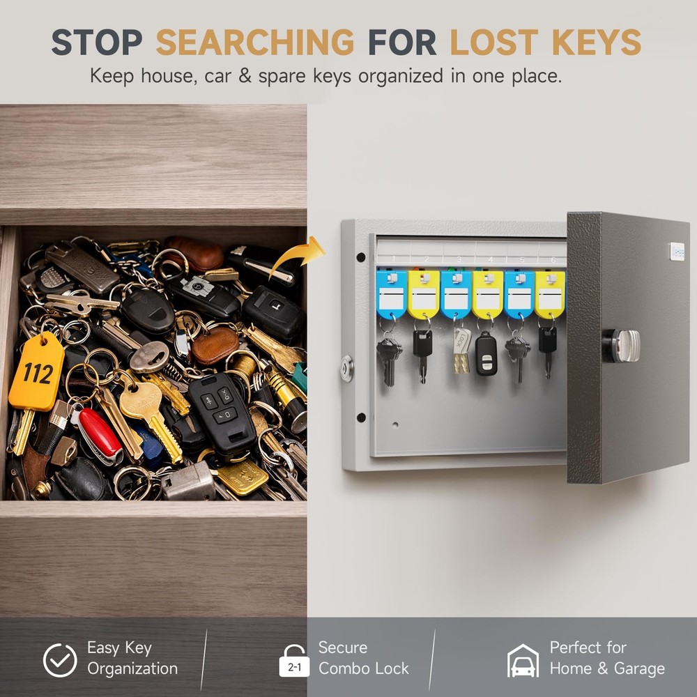 16 Key Lock Box - Wall Mounted Key Cabinet with 3-Digit Combination Lock & Ba...