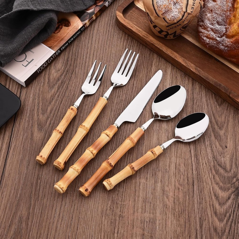 30PCS Silverware Set for 6, Bamboo Handle Flatware Set, Stainless Steel Cutle...