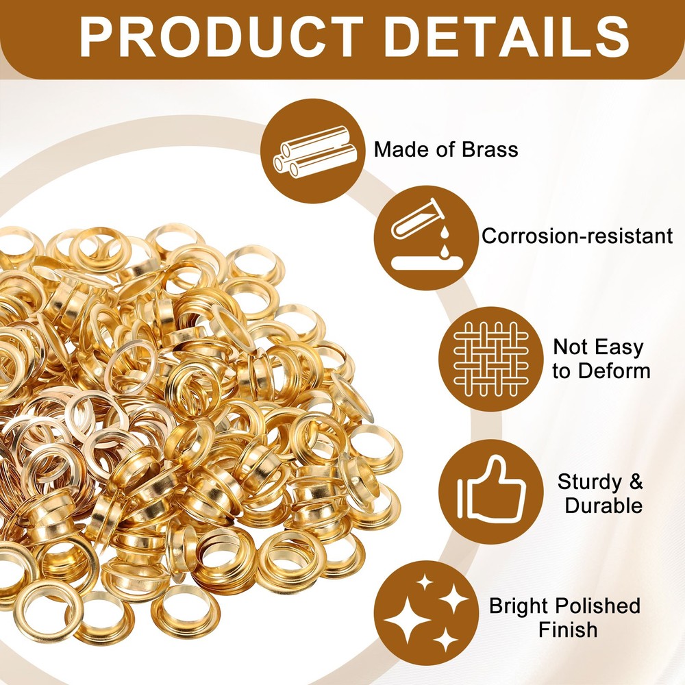 100 Sets Grommets Eyelets, 10mm Brass Self Backing Eyelets, Gold Tone