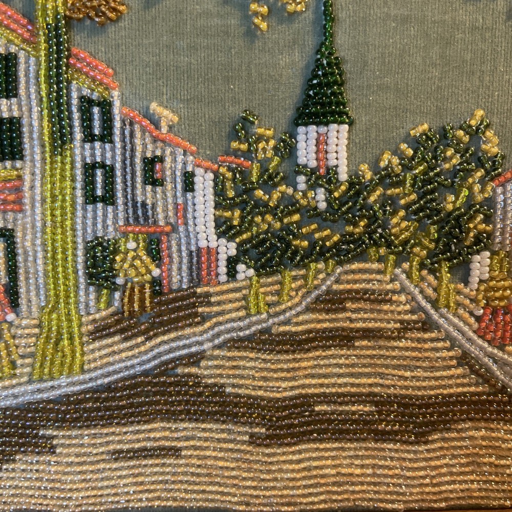 Vintage Beaded Needlepoint Landscape Framed Micro Bead Art - Sidewalk Trees