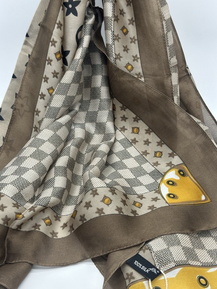 Long Plaid Star Patterned Scarf Khaki Brown Gold