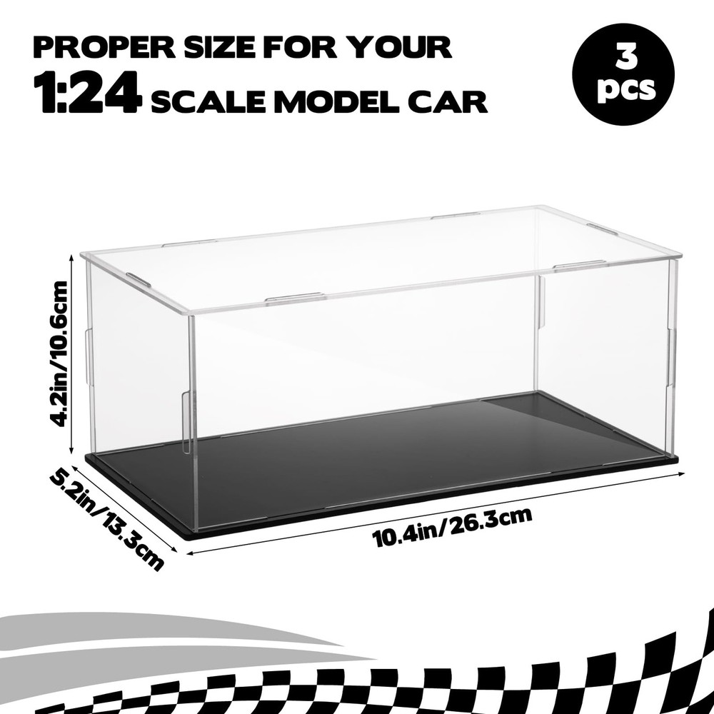Acrylic Model Car Display Case W/ Plastic Base Storage Box 3PC 1:24 Scale