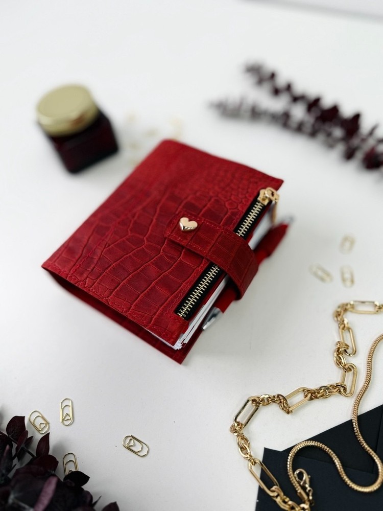 Mini red leather notebook-wallet cover A7 Big rings mini wallet. Mini Planner.