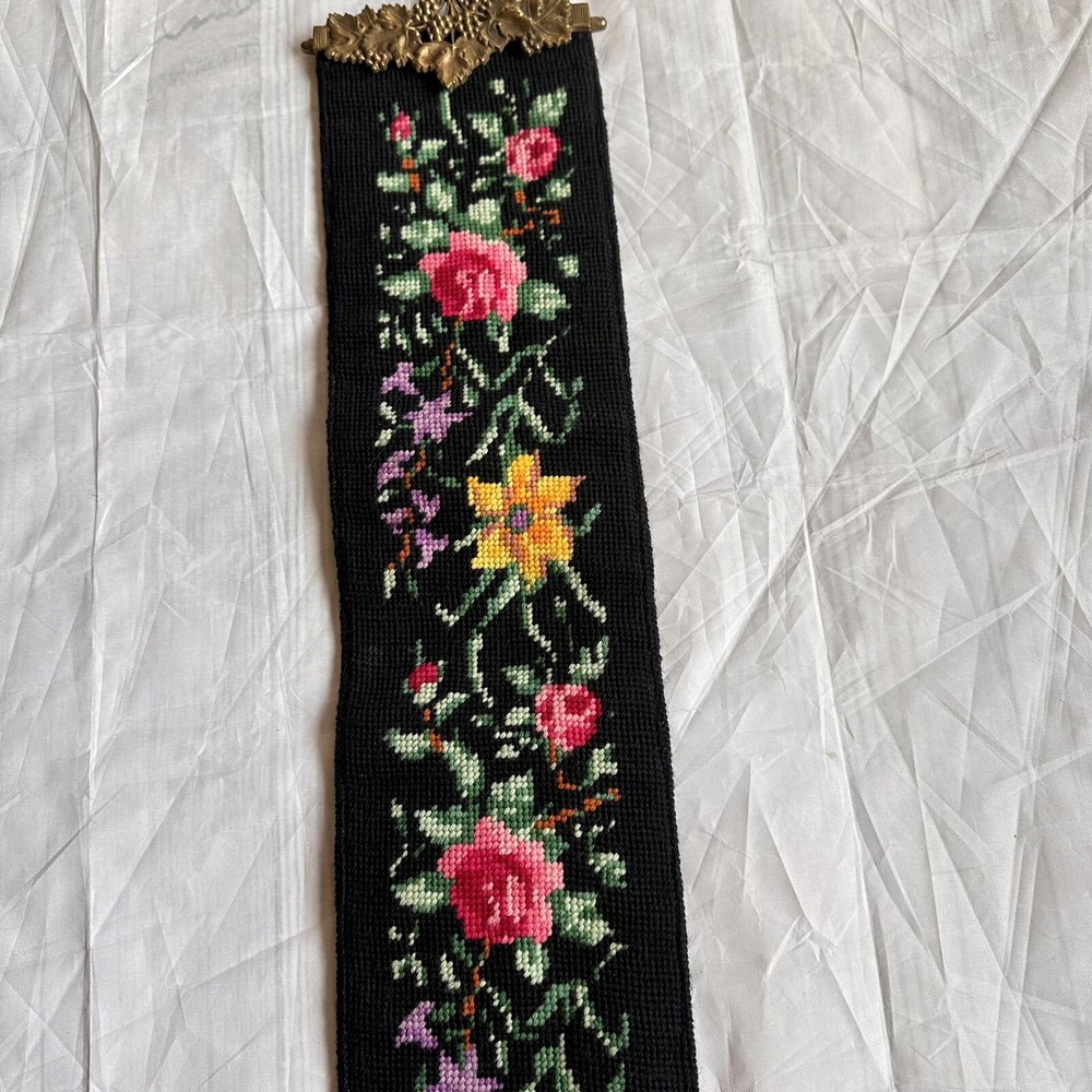 Vintage Black Needlepoint Flowers Bell Pull 42" With Brass Hardware