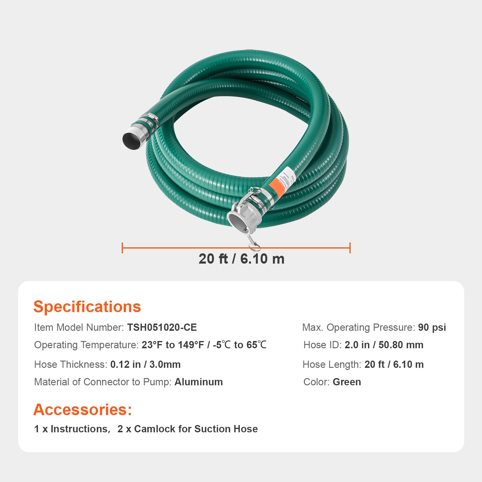 Suction Hose 2 in x 20 ft Green High Quality Hose Complete Fittings