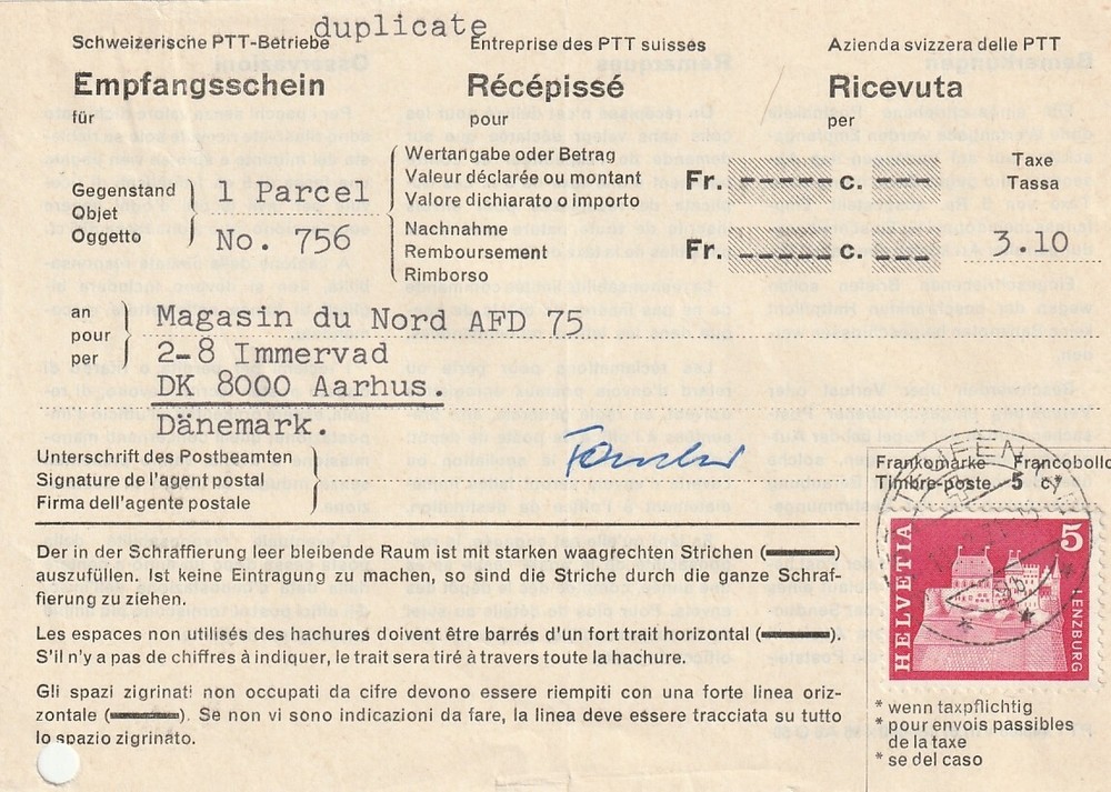 SWITZERLAND: Return receipt to Denmark 1971.