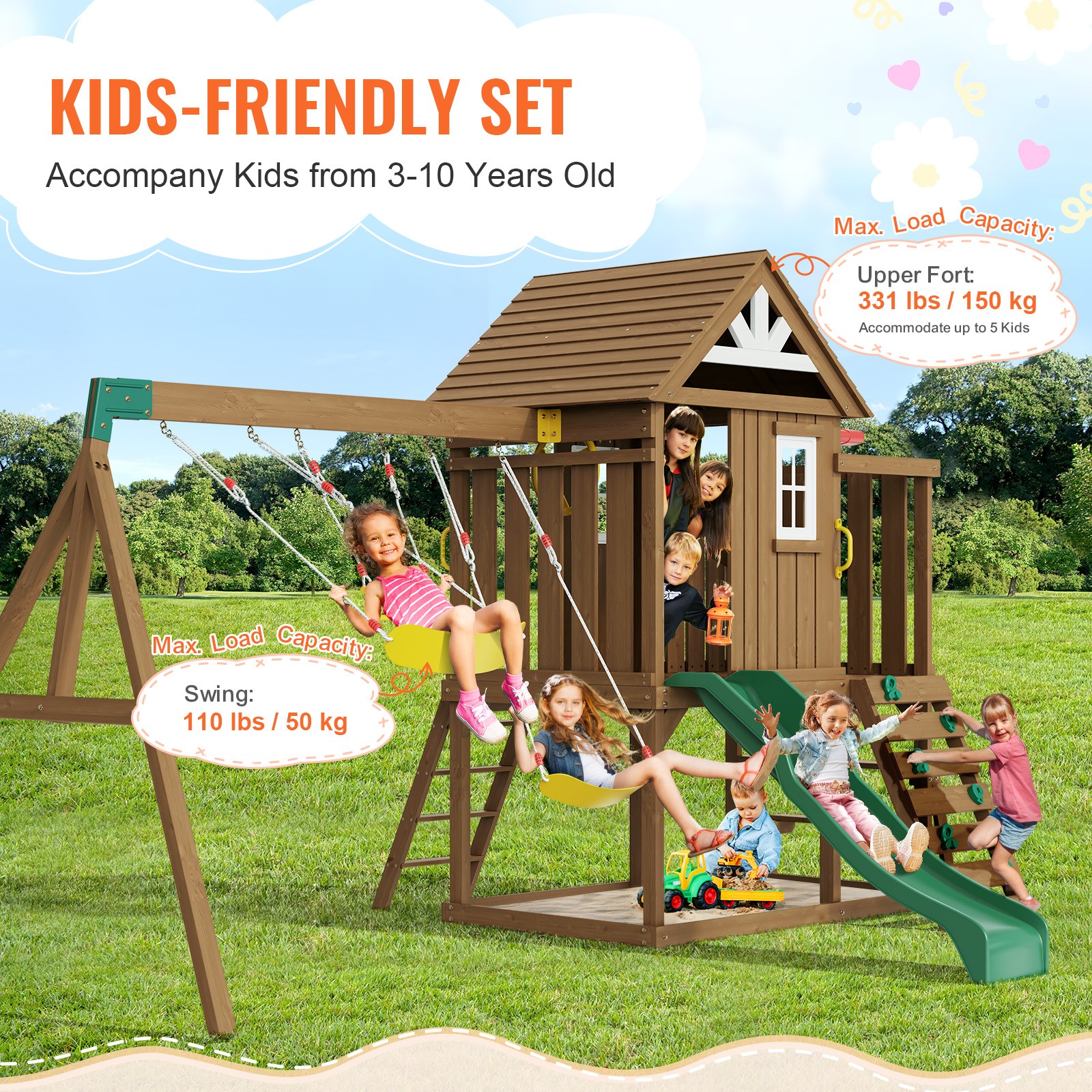 Wooden Swing Set 9 IN 1 Outdoor Playground Sets 6 FT Slide Upper Fort