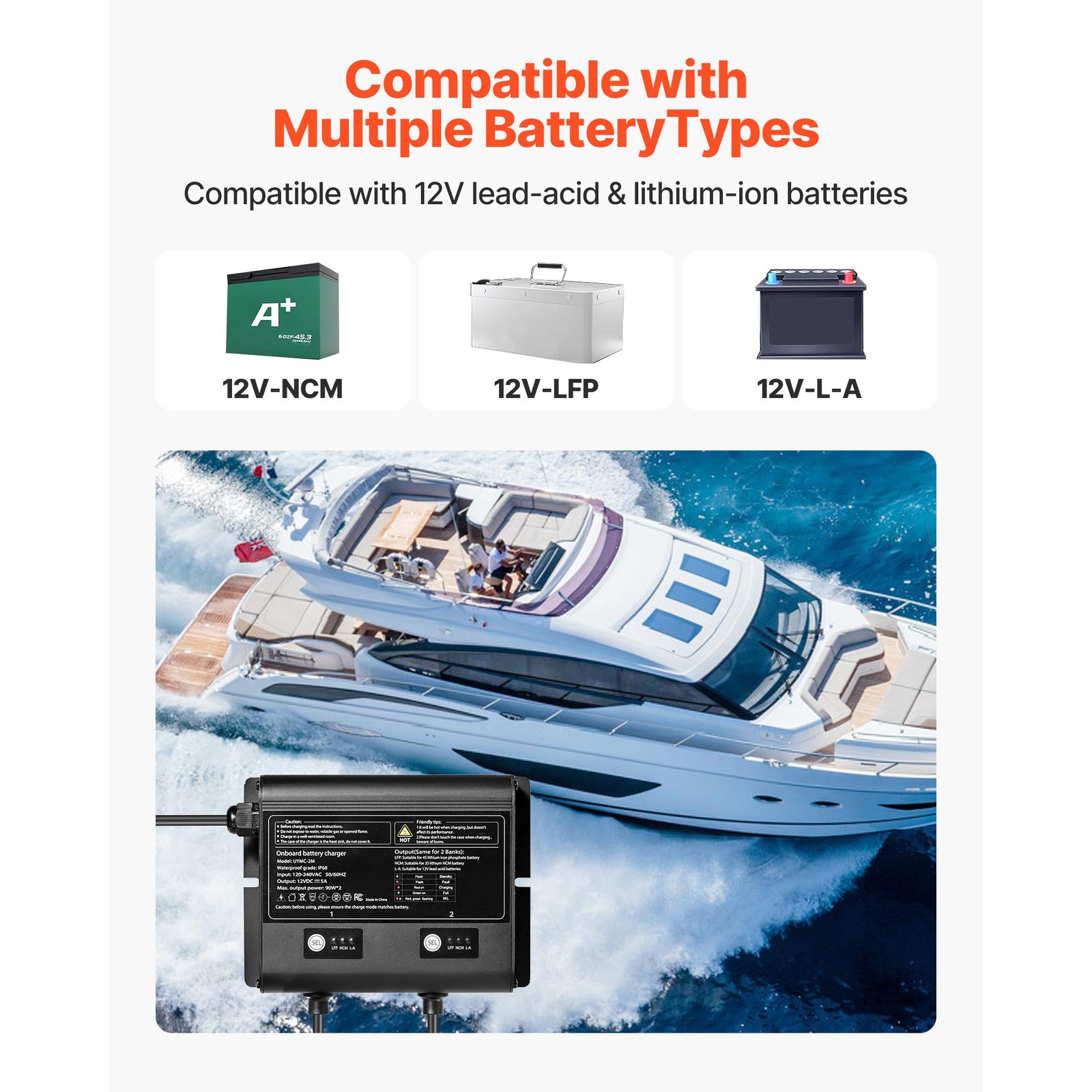 2-Bank 5A 12V Smart Marine Battery Charger Onboard IP68 Waterproof Boat RV Yacht