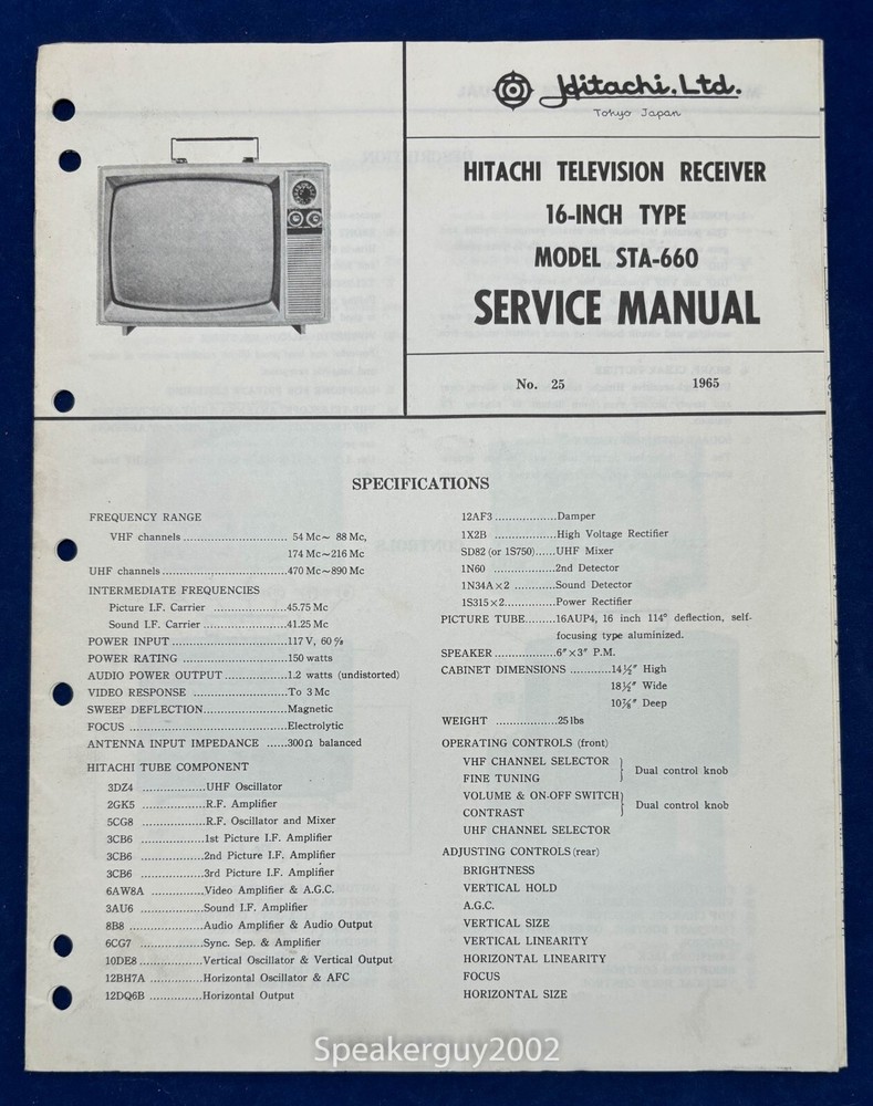 Original Hitachi Service Manual / STA-660 16" Television