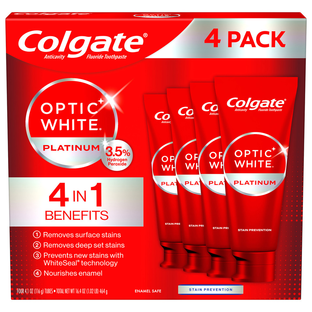 Colgate Optic White Platinum Toothpaste Deeply Whitens Teeth 4.1 Oz Tubes 4-Pack