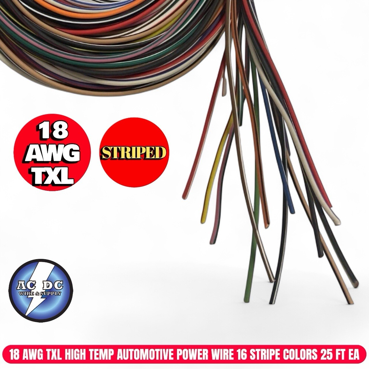 18 AWG TXL HIGH TEMP AUTOMOTIVE POWER WIRE 16 STRIPE COLORS 25 FT EA PRD