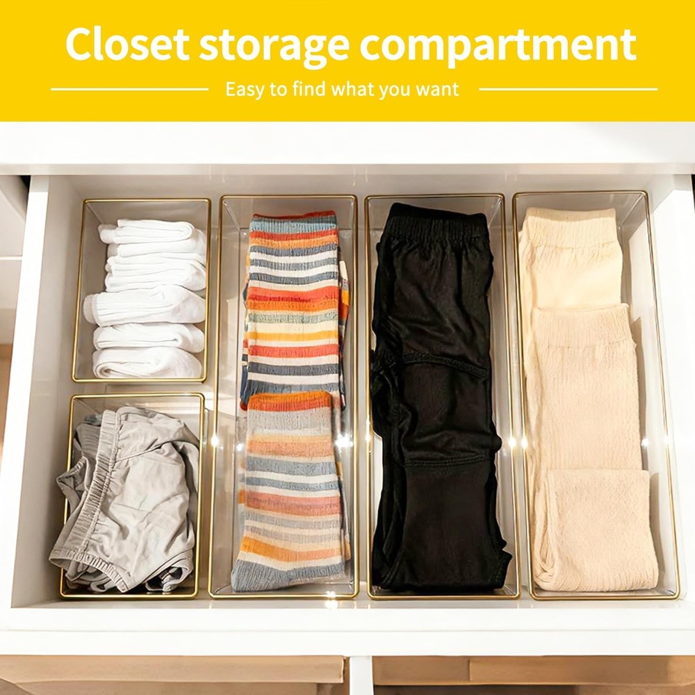12 Pack Large Size Clear Stackable Drawer Organizer Trays, Gold Rim Makeup Dr...