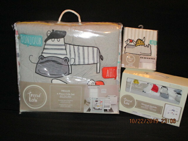 Trend Lab Hello  6-Pc Crib Bedding Set Include Mobile/ Window Valance *New*