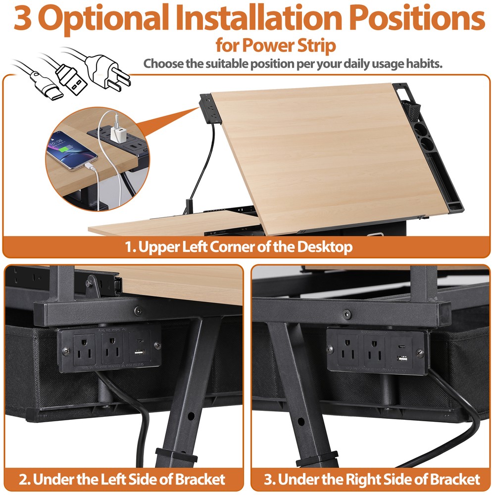 Adjustable Drafting Table Tilting Drawing Desk w/Charging Station Stool Natural