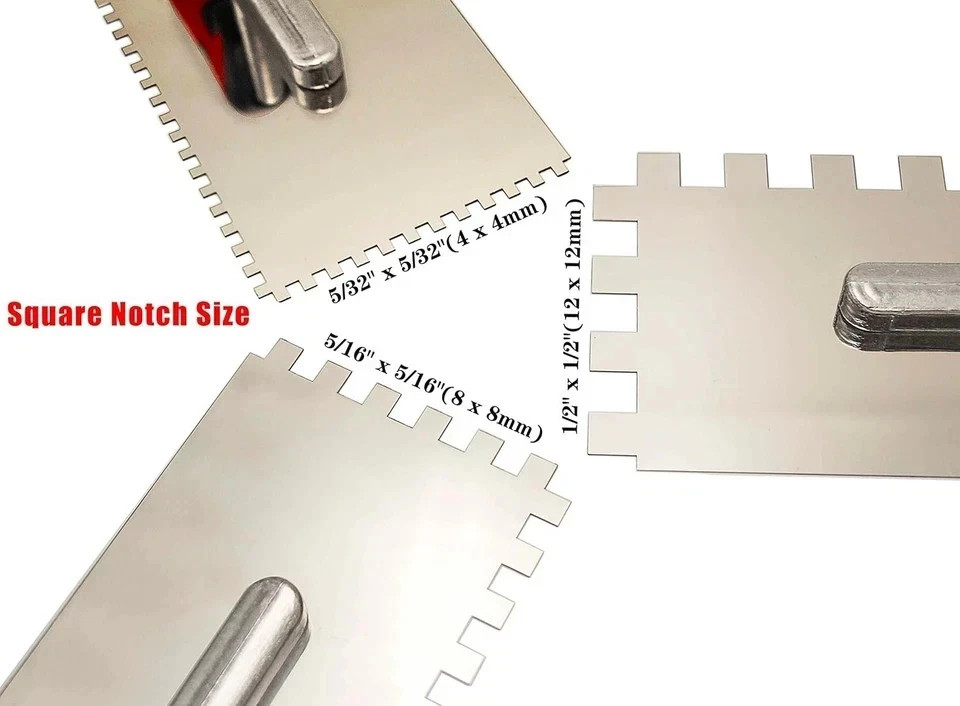 3pc Square Notched Trowel Set Stainless Steel Masonry Hand Tools for Tile Work