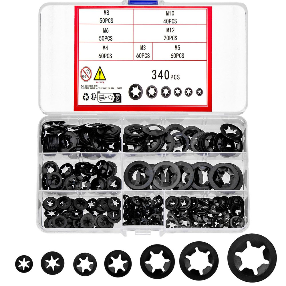 340 Pcs Internal Tooth Starlock Locking Washers, Push on Speed Clips Fasteners W