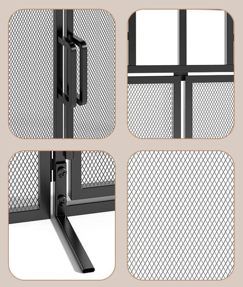 3-Panel Folding Fireplace Screen with Magnetic Hinged Doors, Solid Wrought Iron