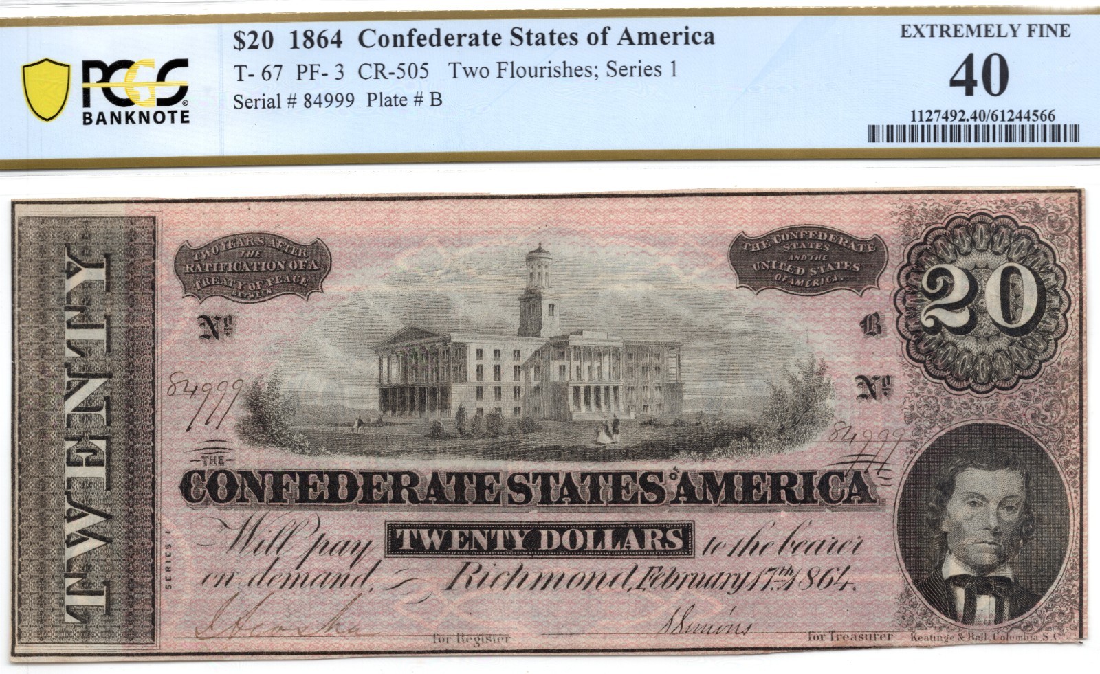 1864 $20 Confederate States of America T-67 PF-3 Note - PMG XF40! Splendid!