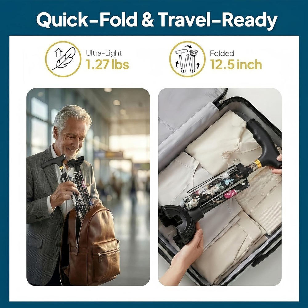 Portable Walking Cane with 5-Level Height Adjustment & Built-in LED Light