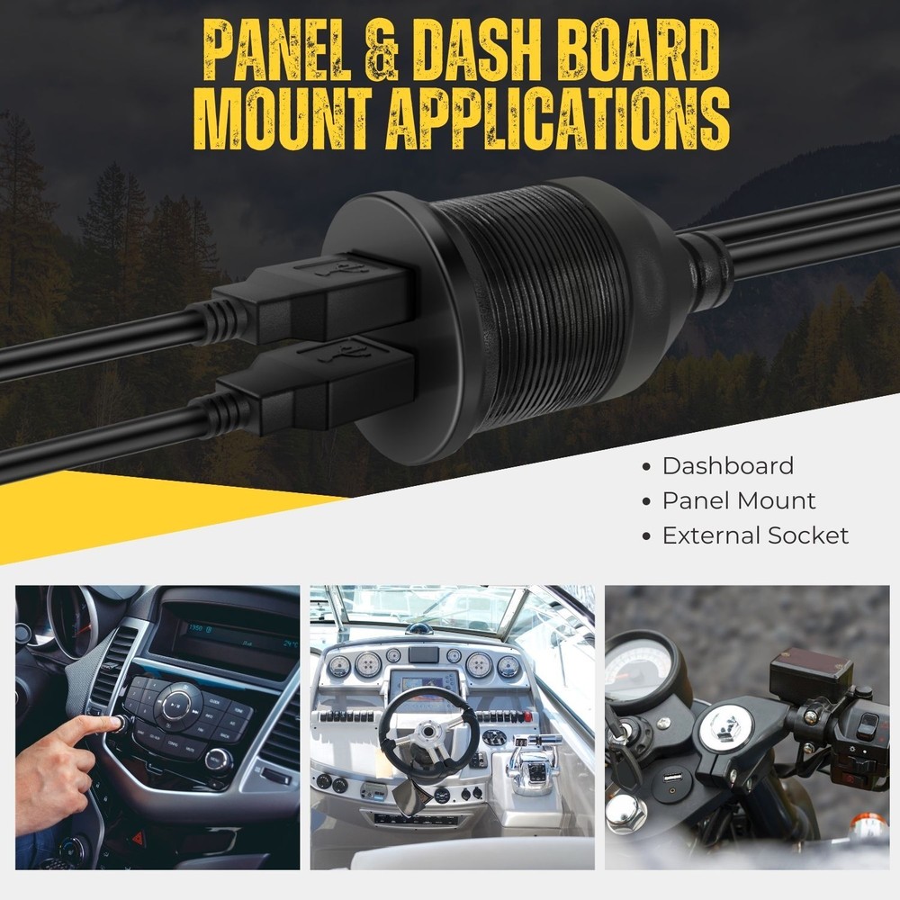USB Flush Mount Cable - Dashboard Panel Dash Mount 2 Ports USB Socket (1M / 3FT)