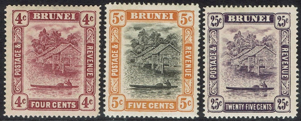 BRUNEI 1908 RIVER VIEW 4C 5C AND 25C WMK MULTIPLE CROWN CA