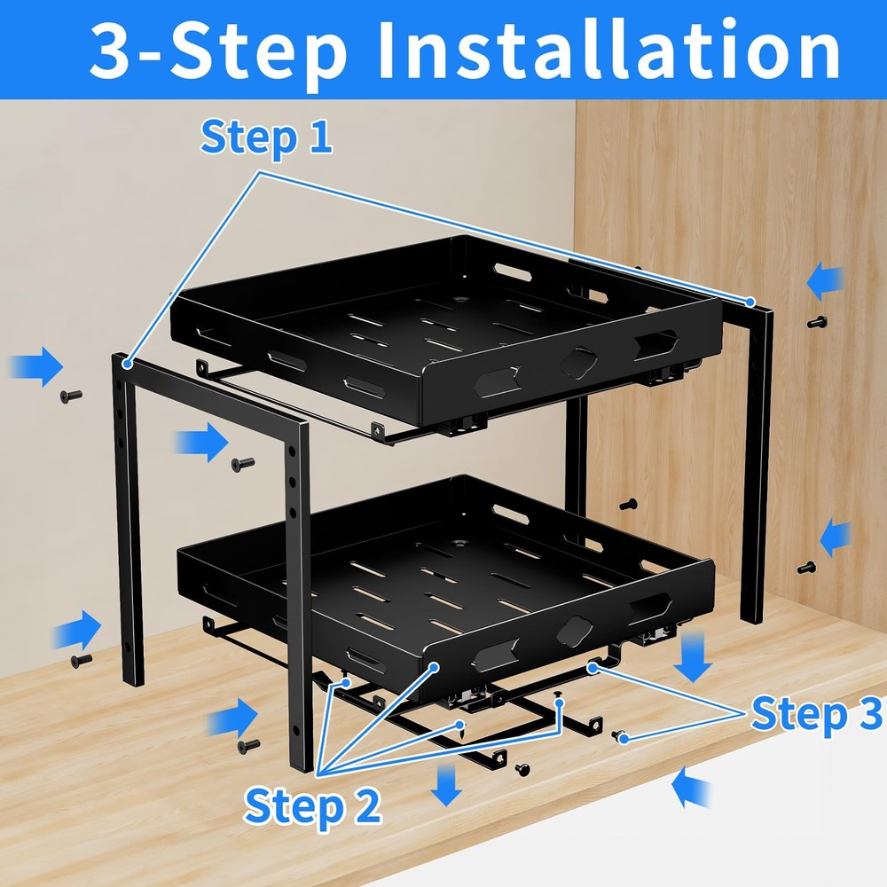 2-Tier Pull Out Spice Rack Organizer for Cabinet, Adjustable Height, Black