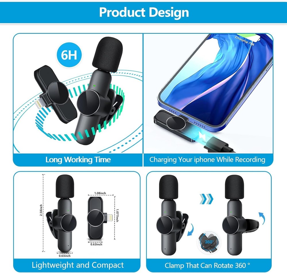 2 Pack Wireless Microphone Mini Mic for iPhone 7-14 iPad, Tiny Lavalier Micropho