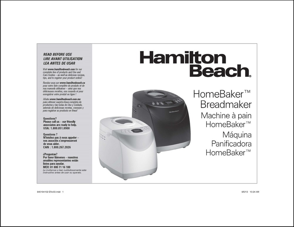 Instruction Operators Maint Manual Fits Hamilton Beach Bread Machine 29881