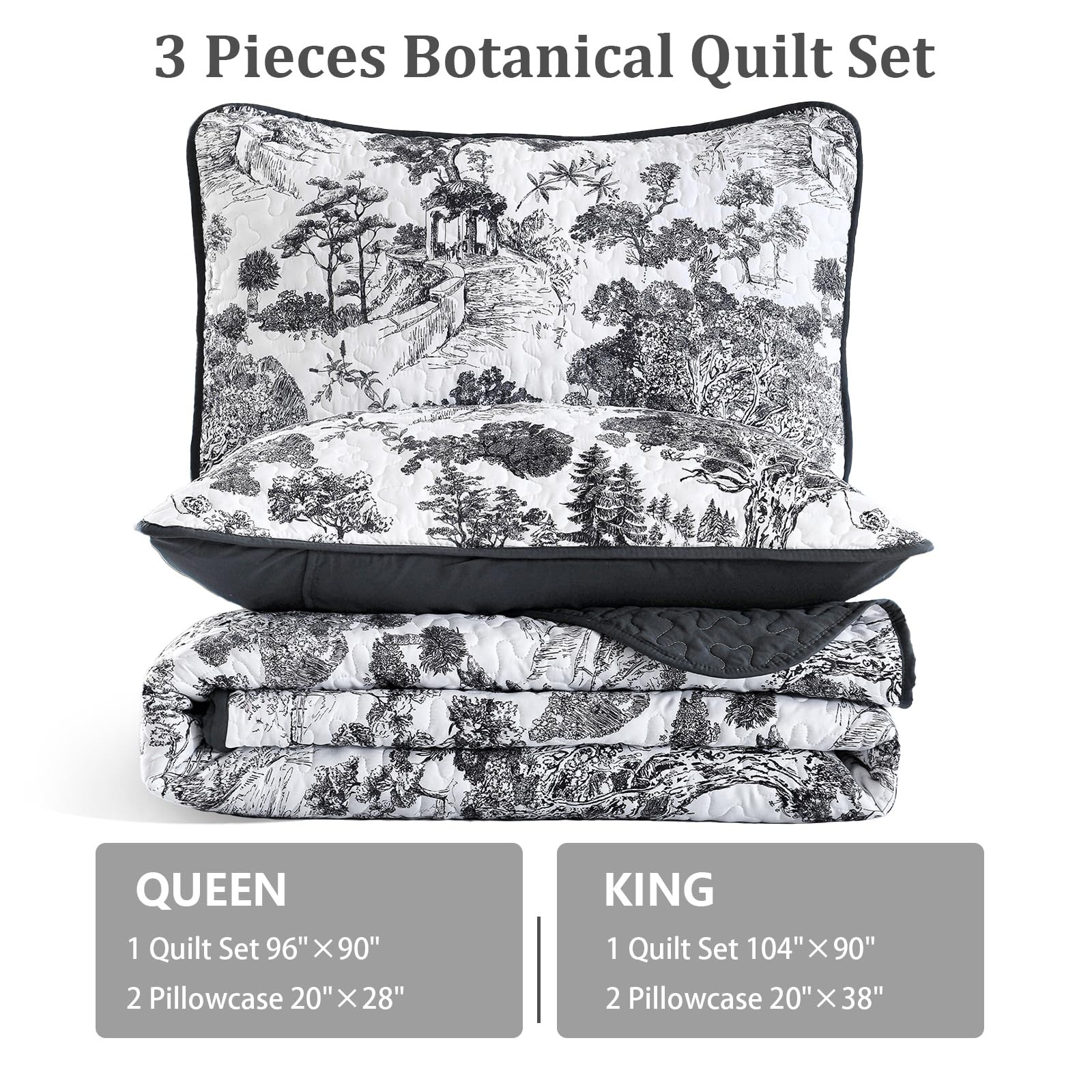 WONGS BEDDING Botanical Quilt Set Full Size, Black 3 Pieces Toile Floral Plants