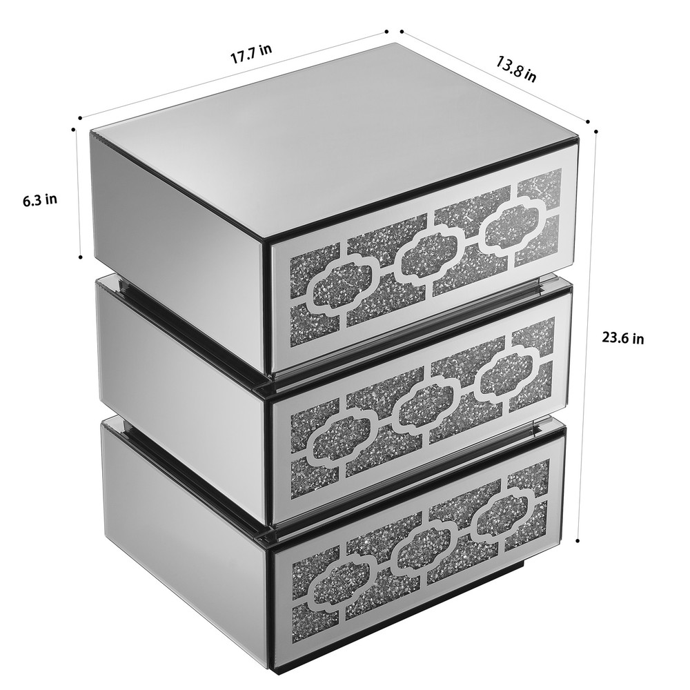 Mirrored Bedside Nightstand, Modern Side Table with 3 Drawers, Silver Accent