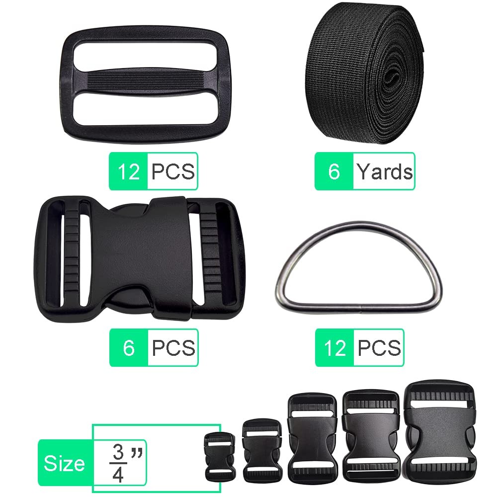 3/4 Inch Buckles Straps Set 6 Yards 3/4 Inch Black Nylon Webbing Strap 6 Pcs ...