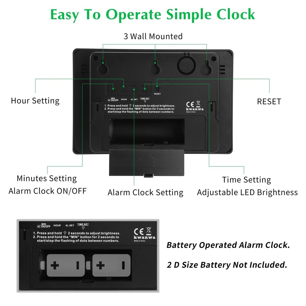 KWANWA Alarm Clock, Wall Clock, Digital Clock, 3" LED Digit Display, Battery Ope