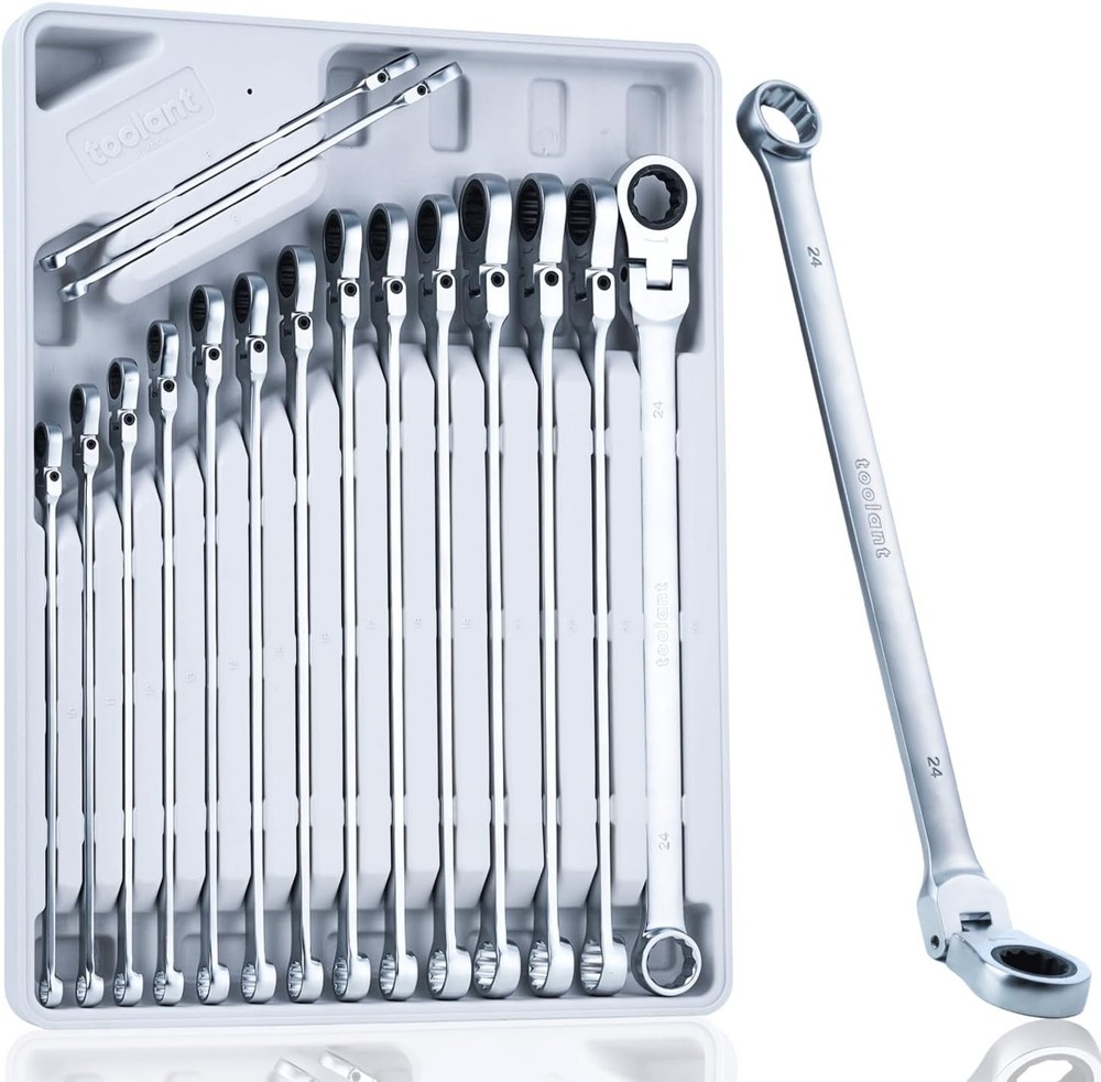 16PCS Extra Long Ratcheting Wrench Set, Gift for Men, Flex Head & Offset Fixed