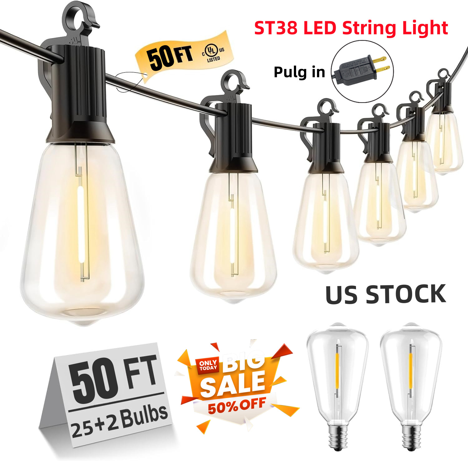 LED Outdoor String Lights 50FT Shatterproof ST38 Patio Lights for Porch,Backyard